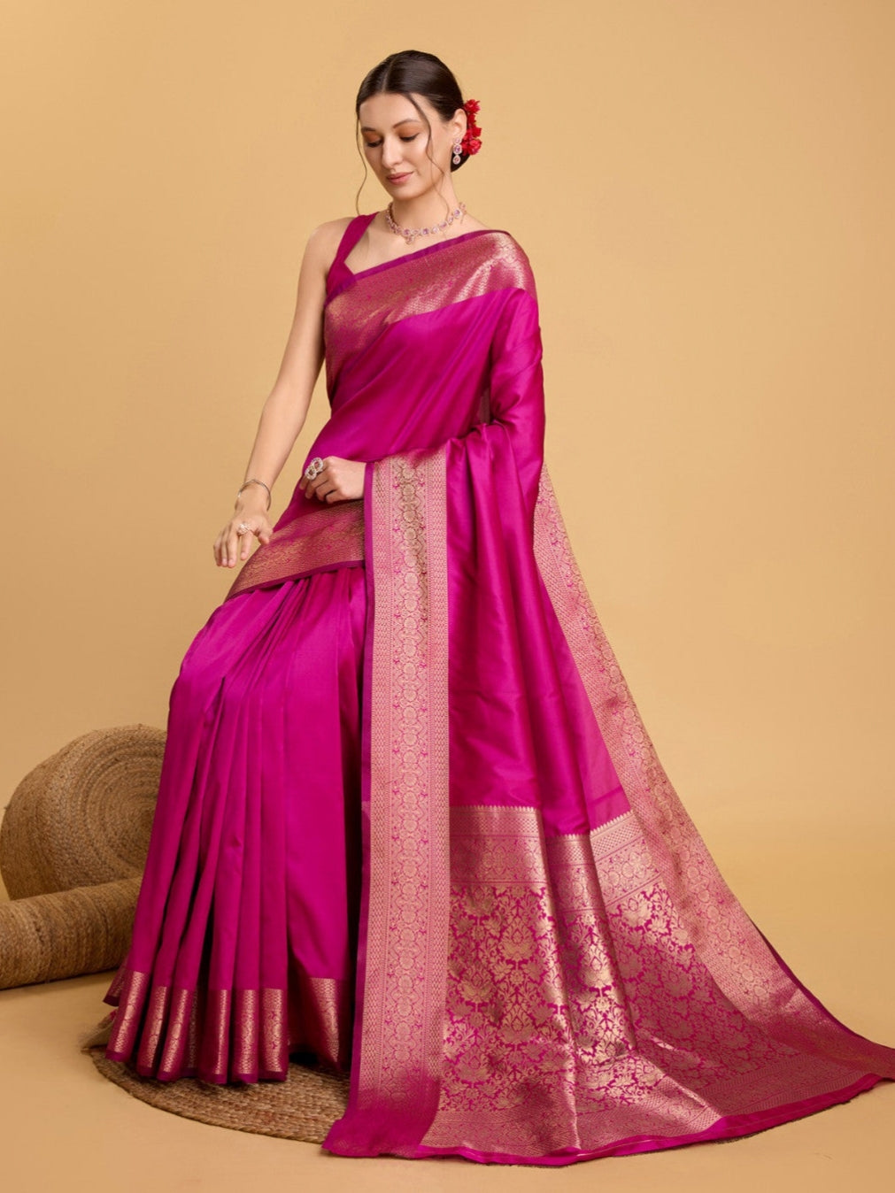 Rani Pink Kanjivaram Silk Zari Weaved Saree