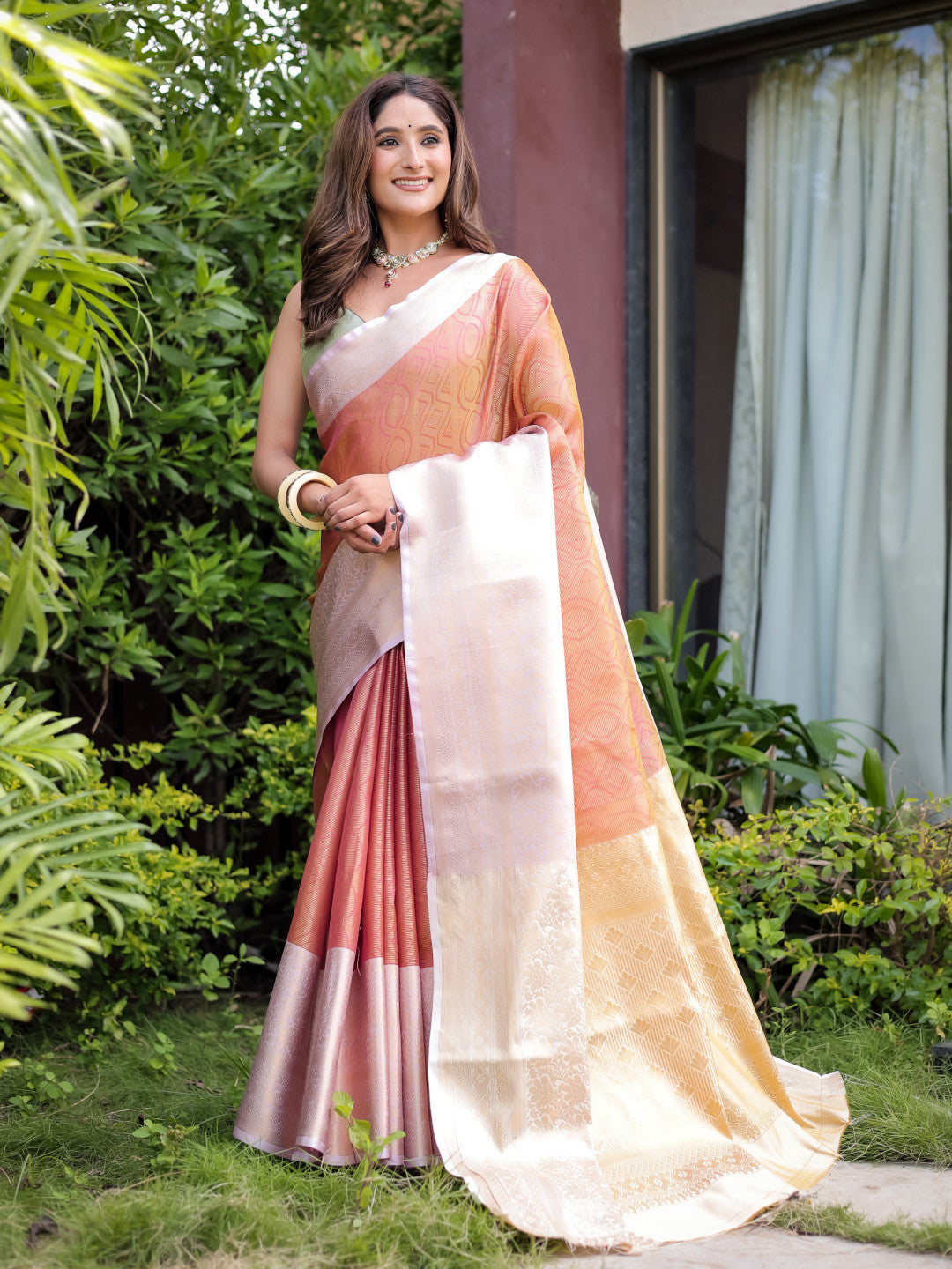 Peach Handloom Banarasi Silk Saree