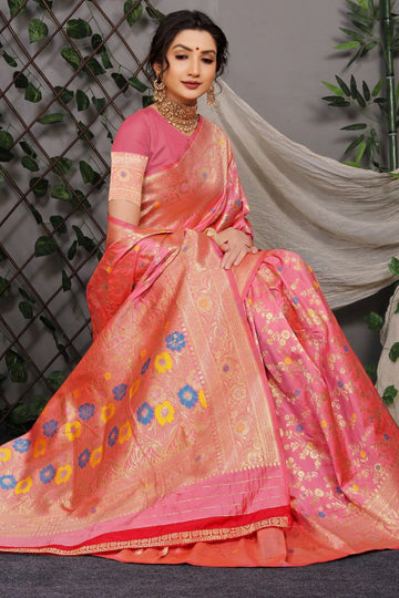 Pink Banarasi Silk Saree With Zari Weaving