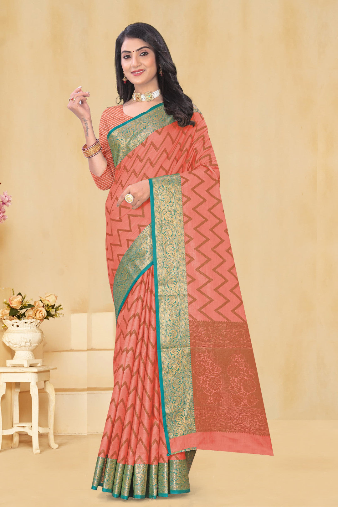 Peach Soft Banarasi Silk Saree