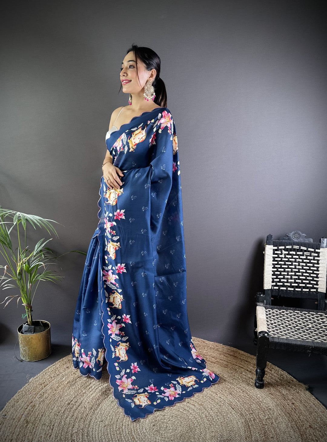 Blue Gadhwal Silk Saree With Embroidery Cut Work