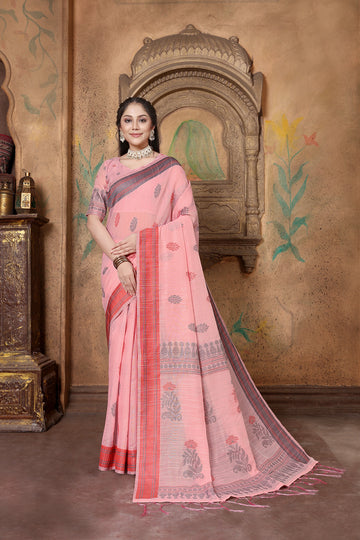 Pink Cotton Linen Saree