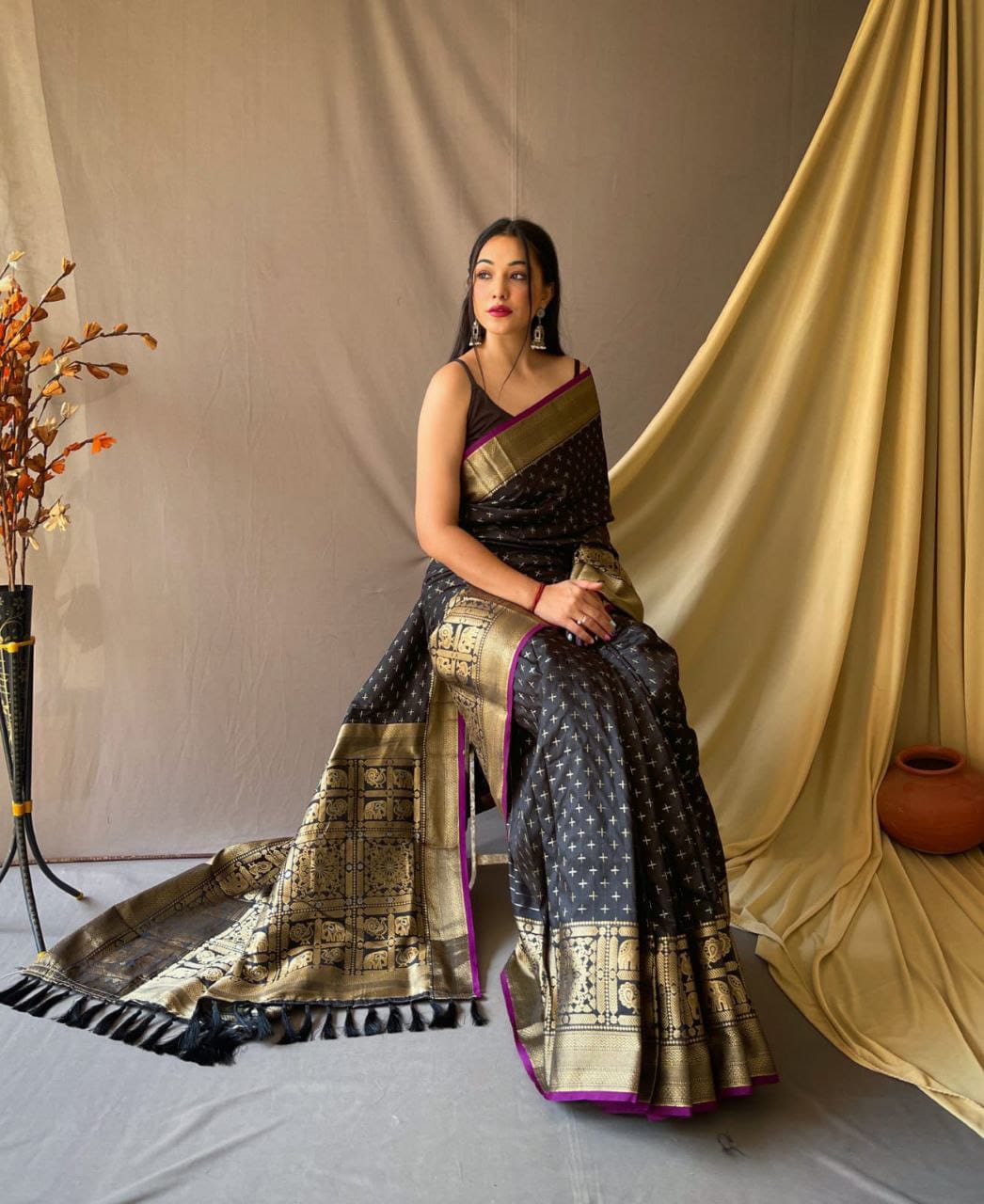 Black Banarasi Silk Saree Zari Weaved