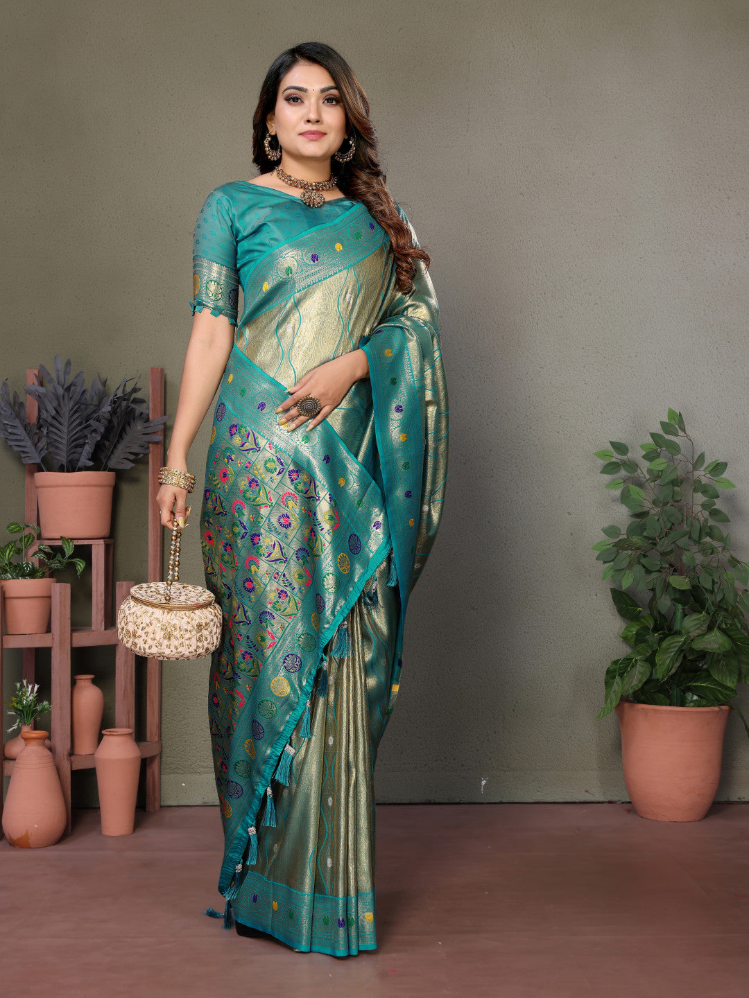 Sea Green Banarasi Tissue Silk Saree With Zari Weaving Work