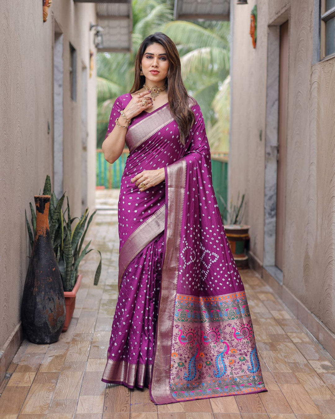 Magenta Hand Bandhej Silk Saree With Zari Border