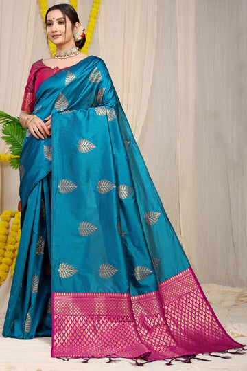 Sky Blue Banarasi Silk Saree With Zari Work