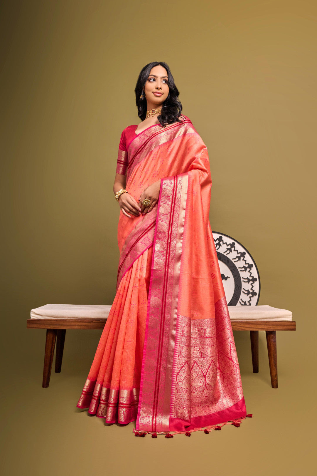 Peach Mehndi Tussur Silk Bandhani Print Saree