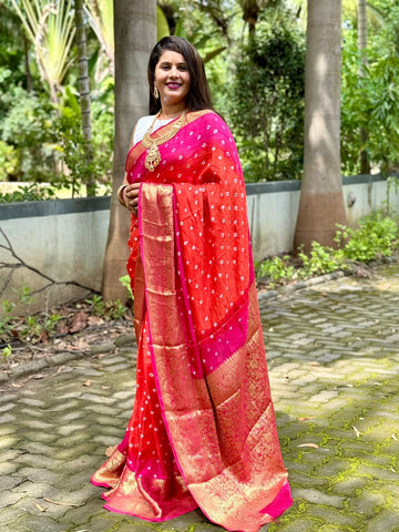 Handloom Orange Bandhej Saree