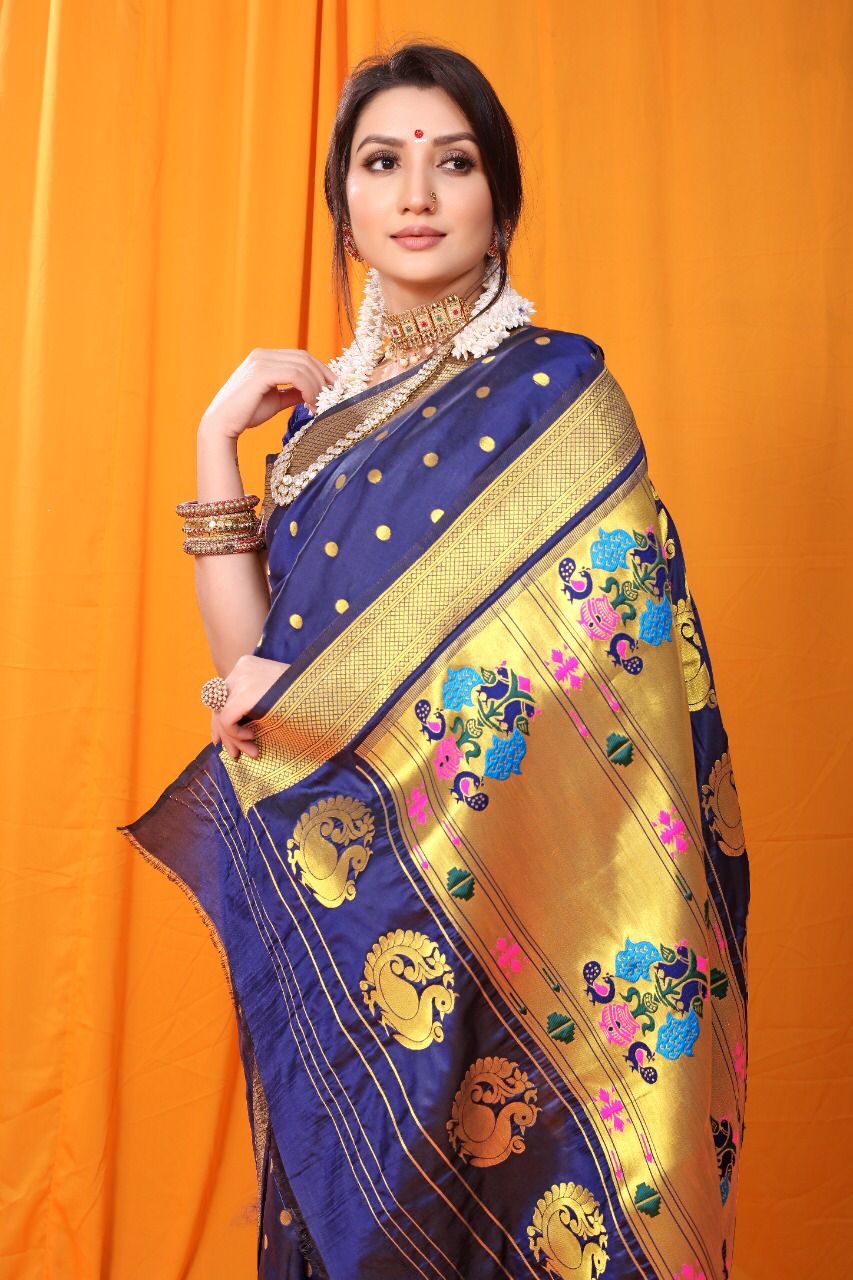 Navy Blue Paithani Silk Saree