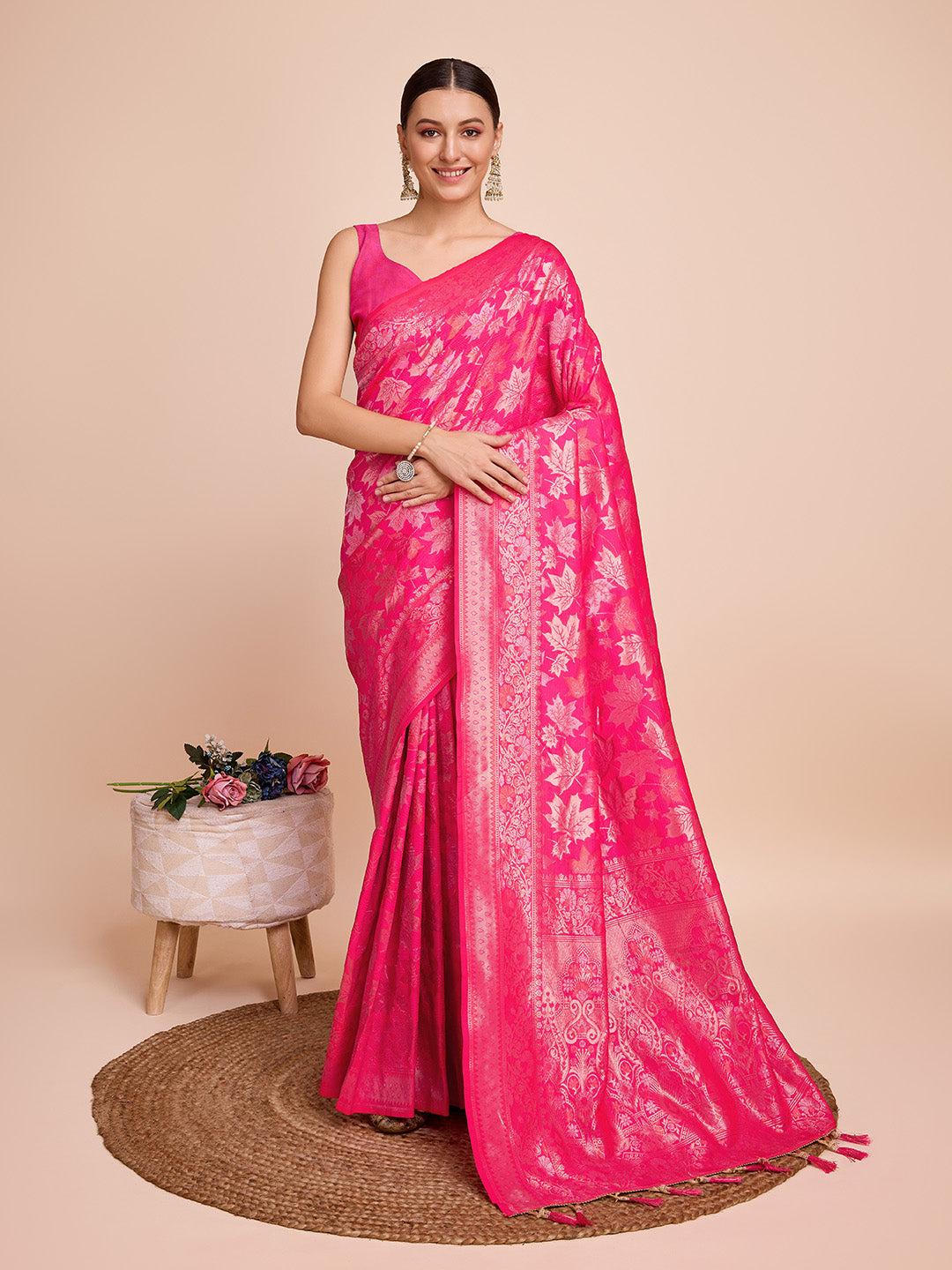 Pink Golden & Copper Zari Banarasi Silk Saree