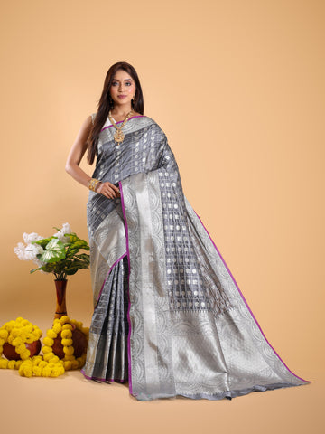 Grey Silver Zari Banarasi Silk Saree