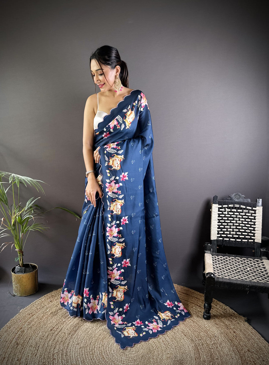 Blue Gadhwal Silk Saree With Embroidery Cut Work