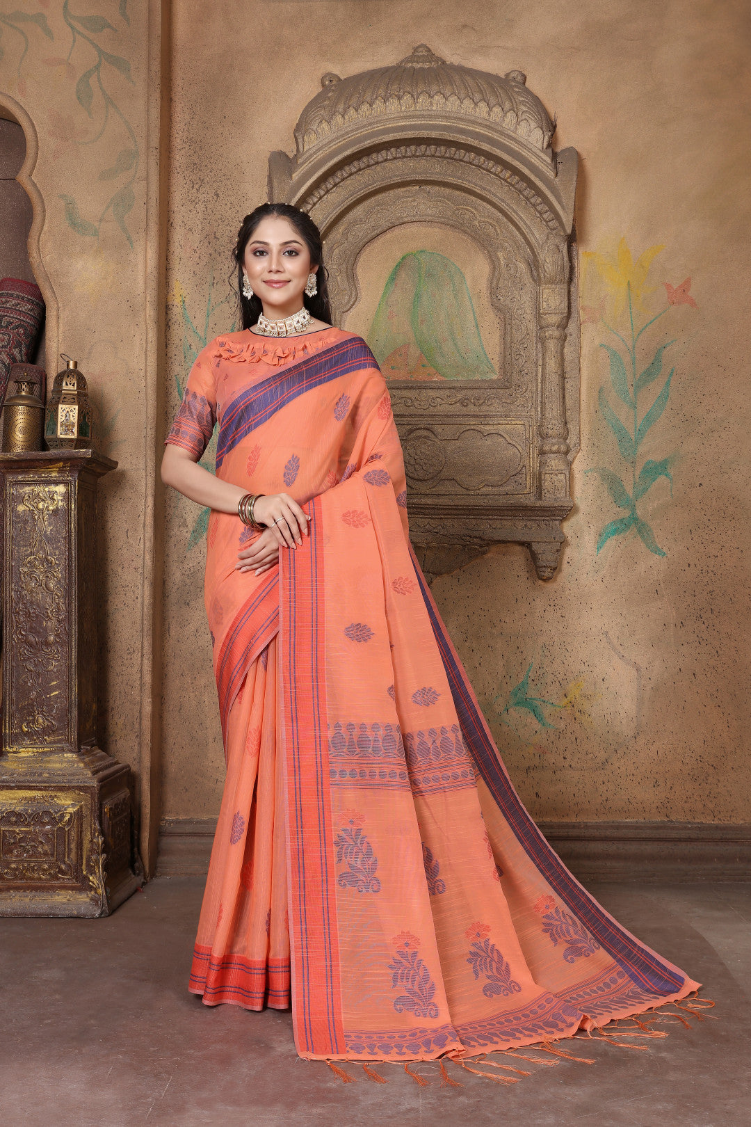 Orange Cotton Linen Saree