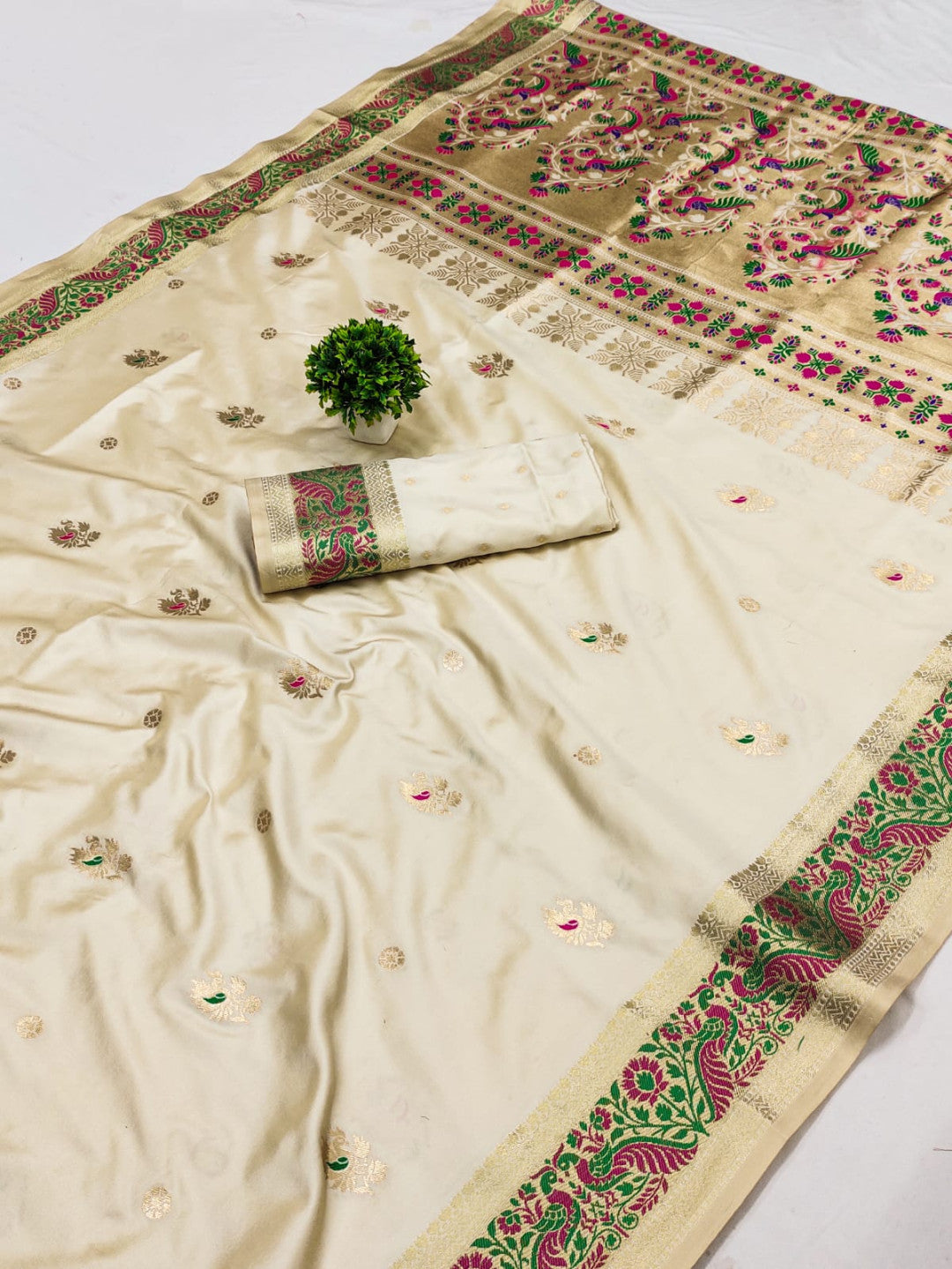 Cream Paithani Silk Saree