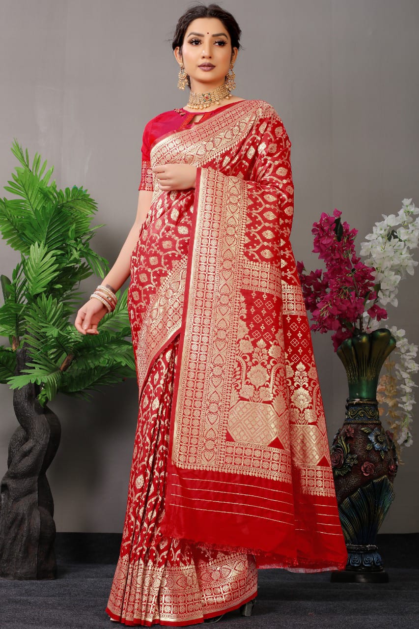 Red Zari Banarasi Soft Silk Saree