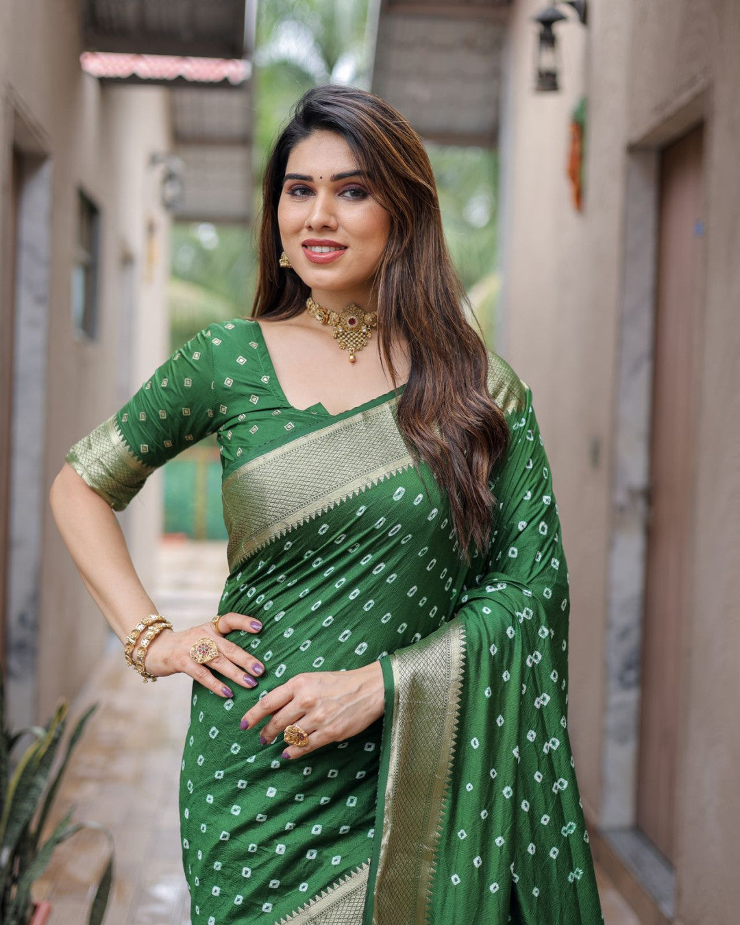 Green Hand Bandhej Silk Saree With Zari Border