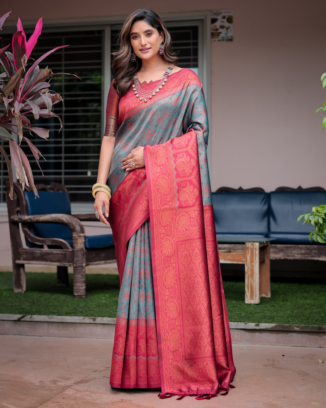 Sea Green Ikkat Patola Kanjivaram Saree