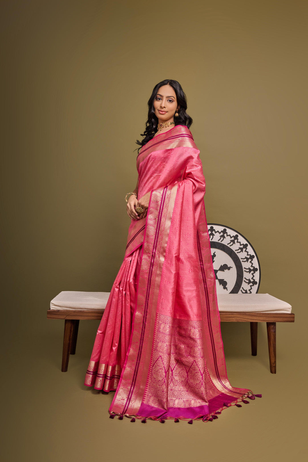 Pink Mehndi Tussur Silk Bandhani Print Saree