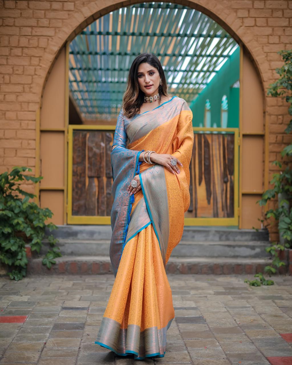 Orange Kanjivaram Zari Saree