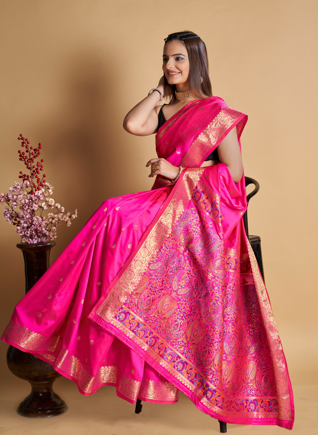 Pink Paithani Silk Saree With Zari