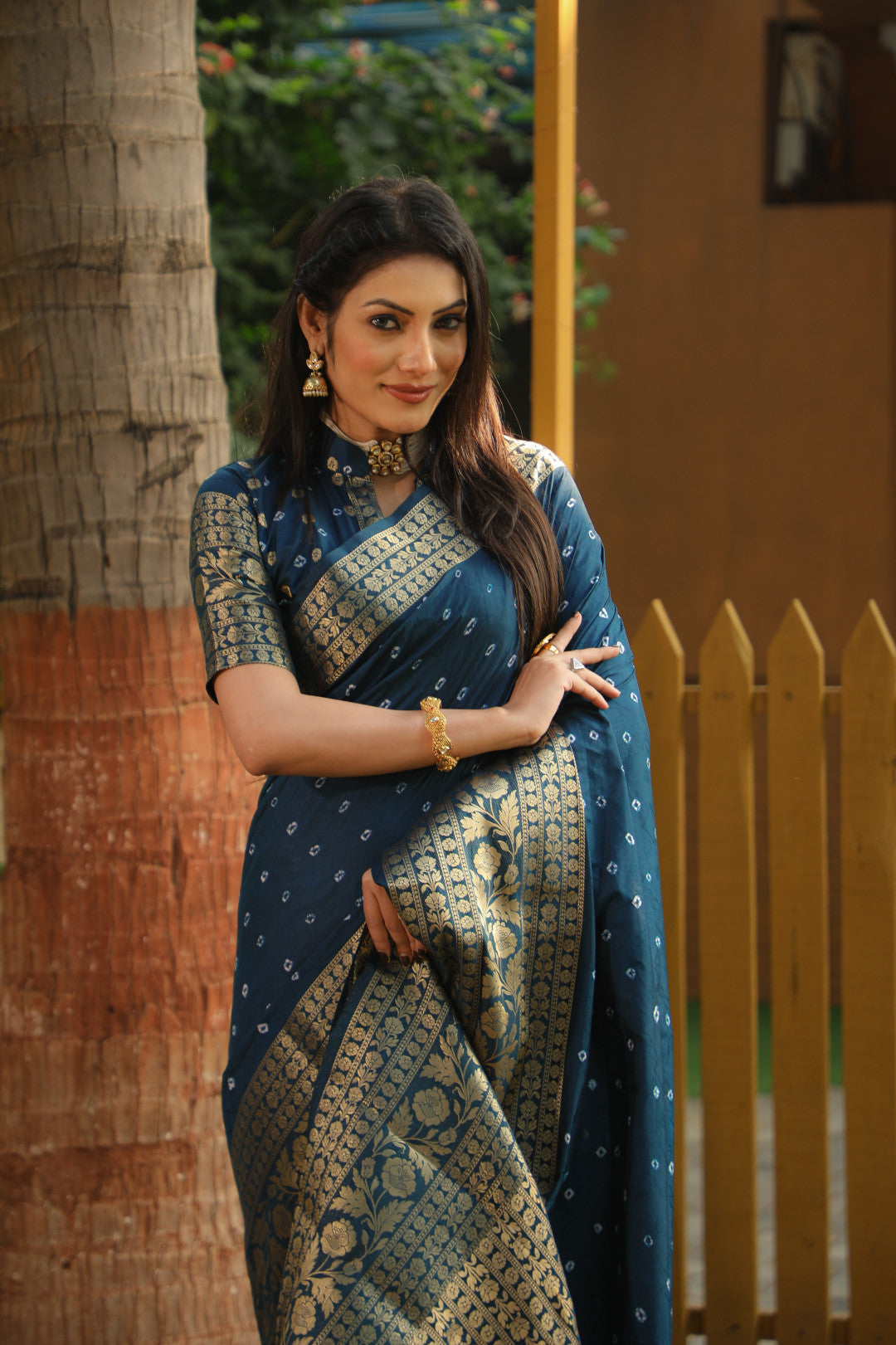 Dark Blue Bandhej Dola Silk Saree