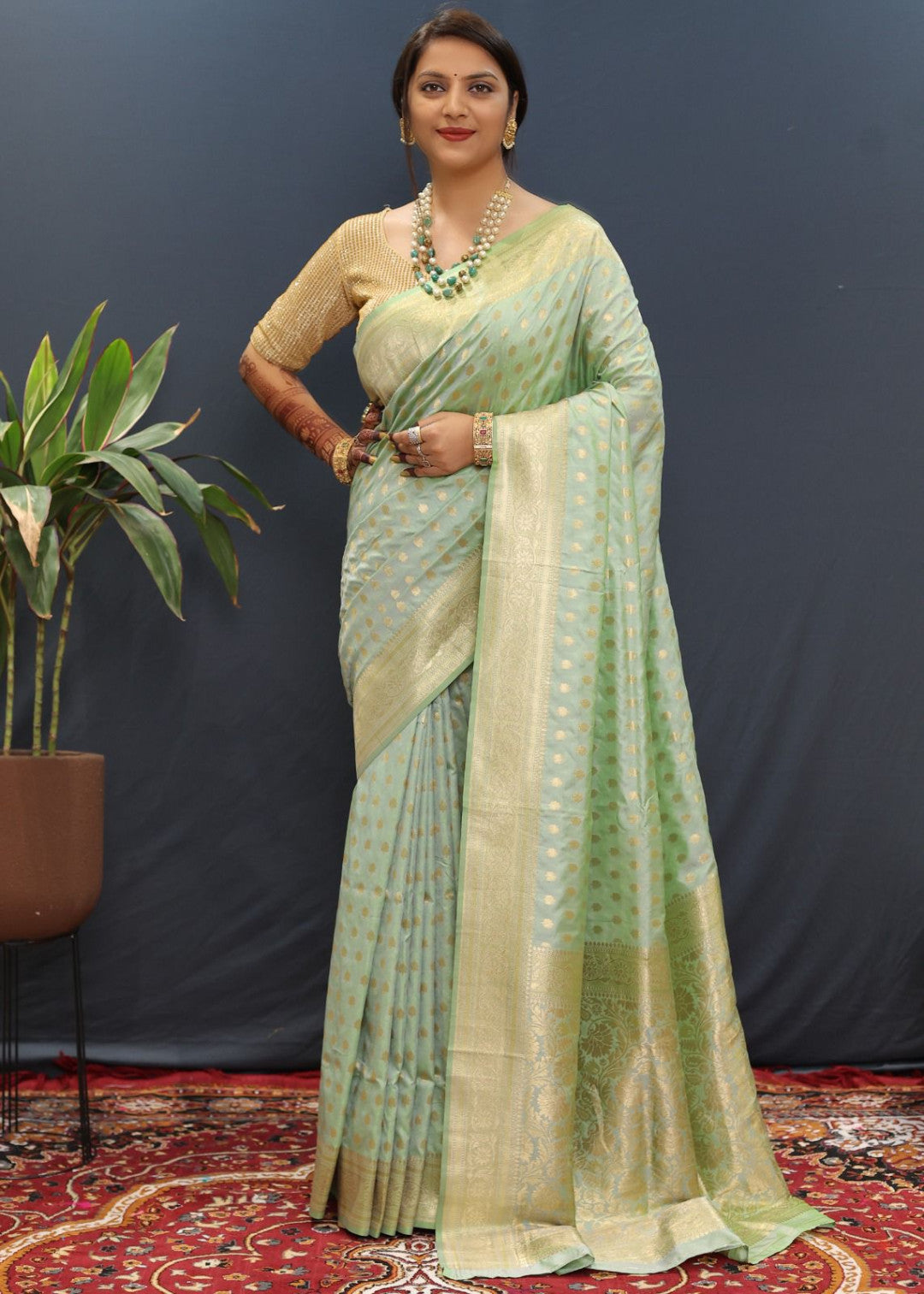 Pista Green Banarasi Soft Silk Saree