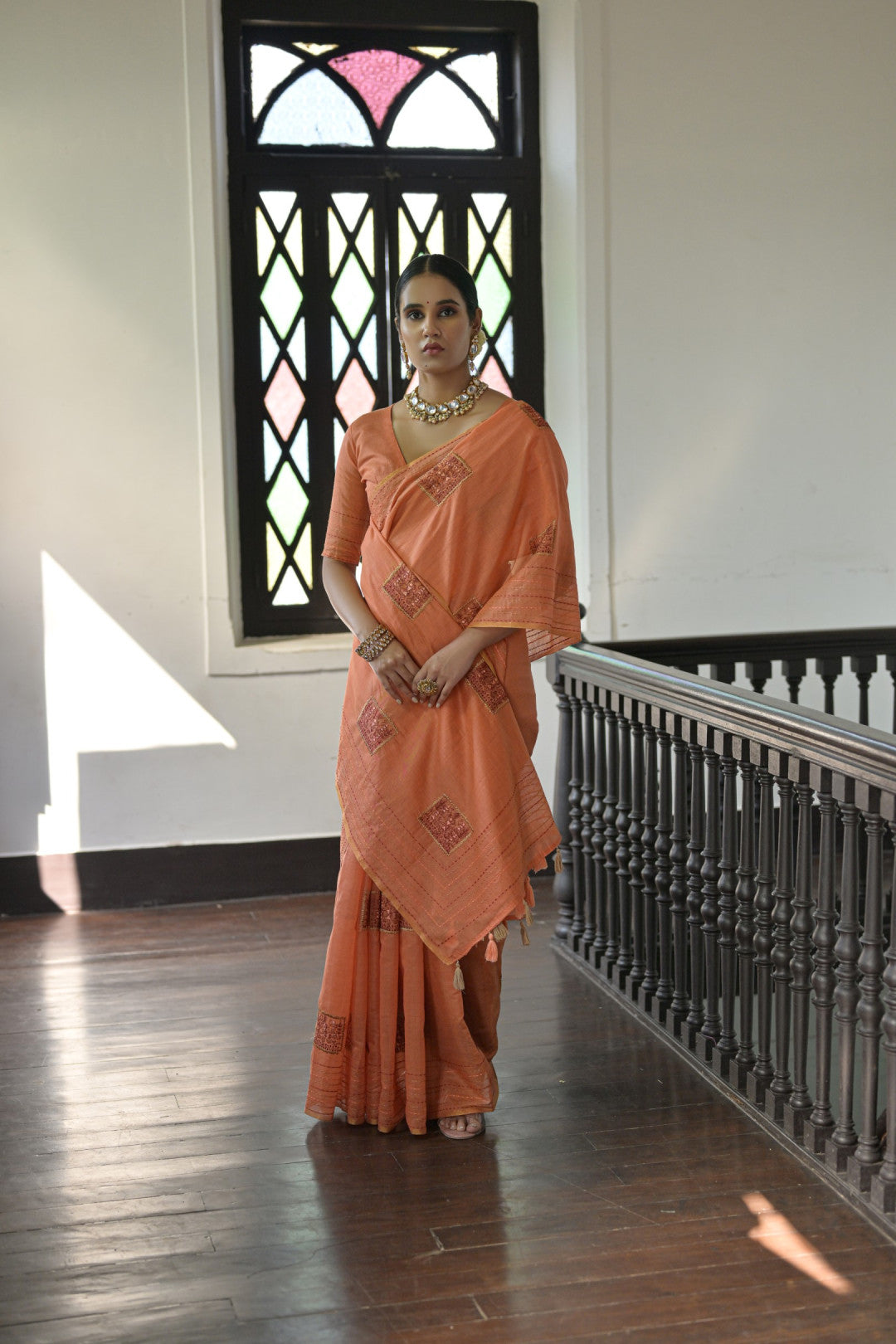 Orange Kantha Work Cotton Blend Saree