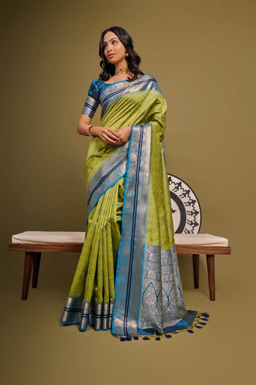 Mehndi Tussur Silk Bandhani Print Saree