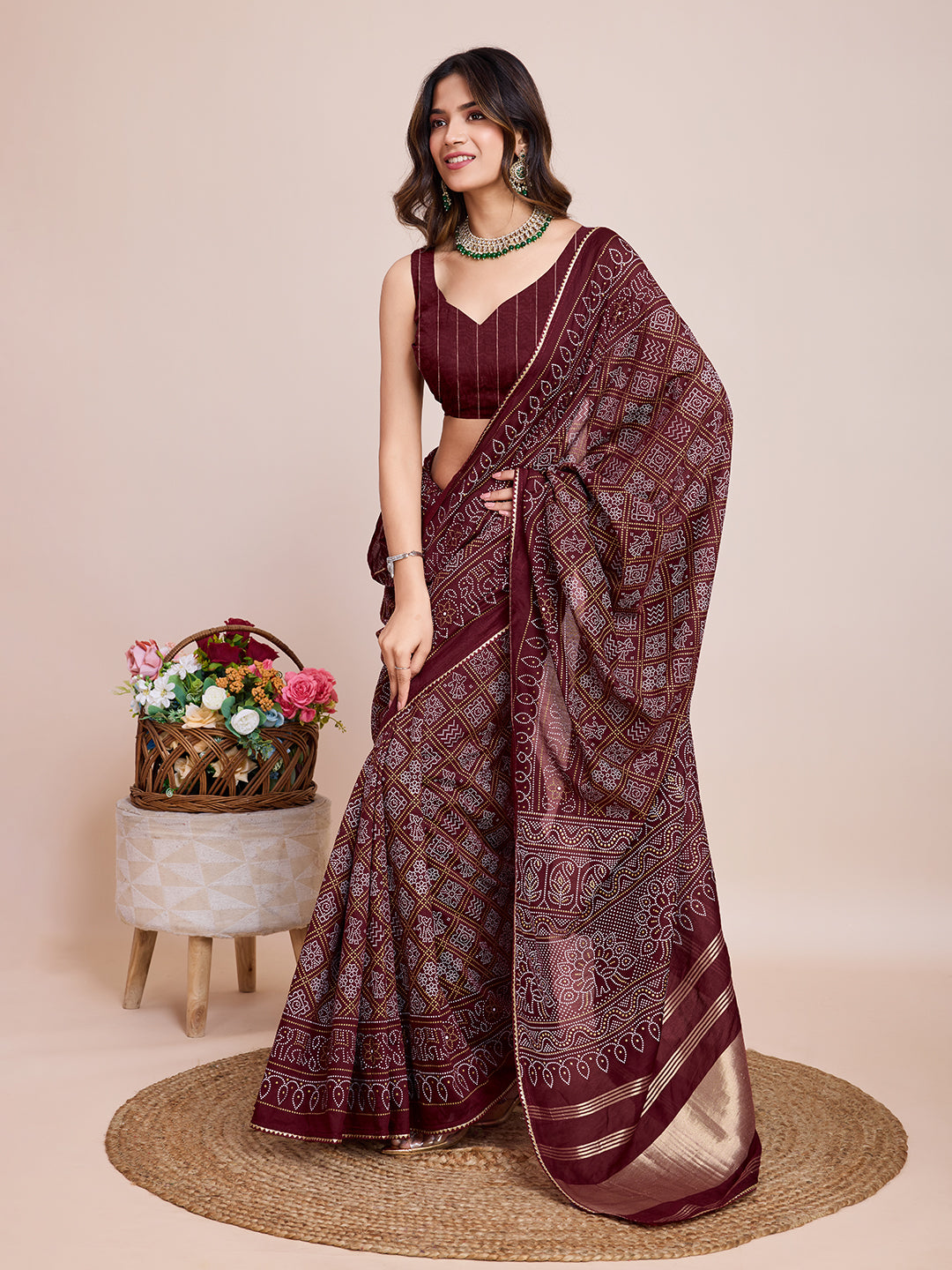 Bandhej Maroon Cotton Saree