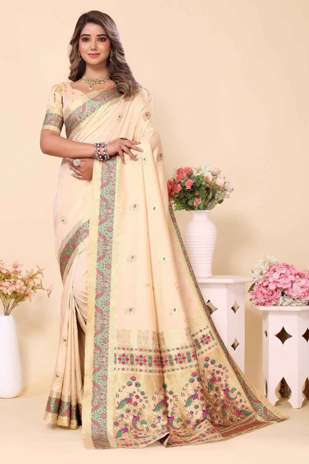 Cream Paithani Silk Saree