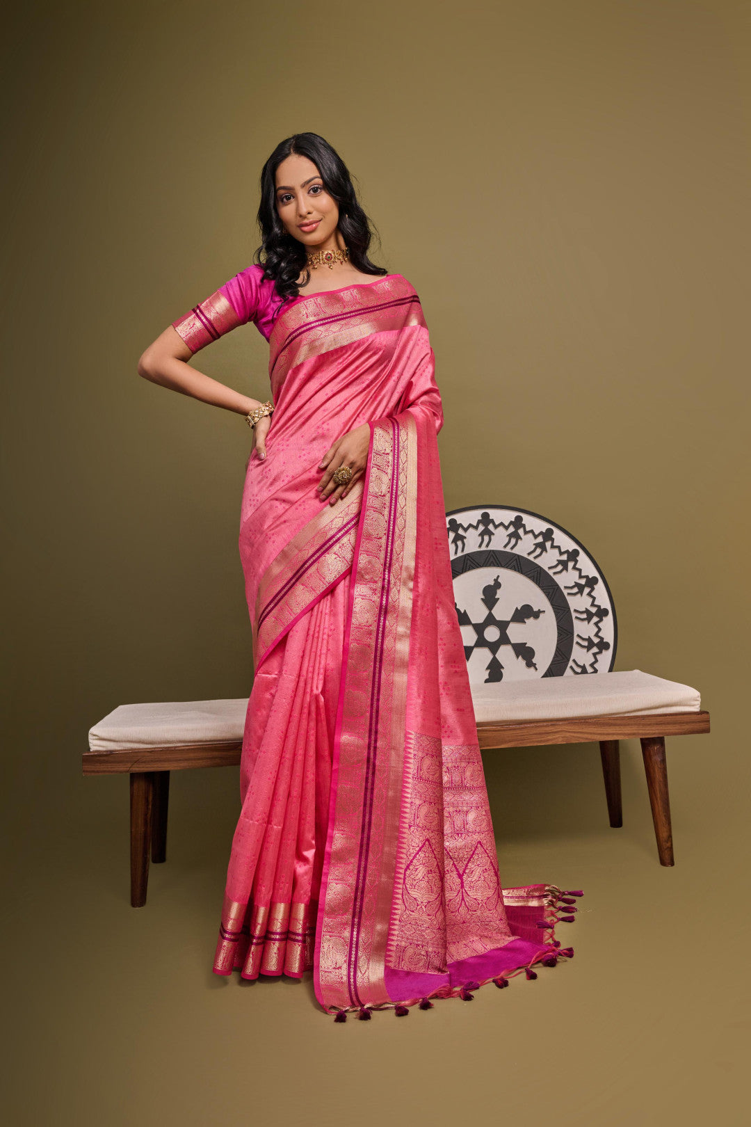 Pink Mehndi Tussur Silk Bandhani Print Saree