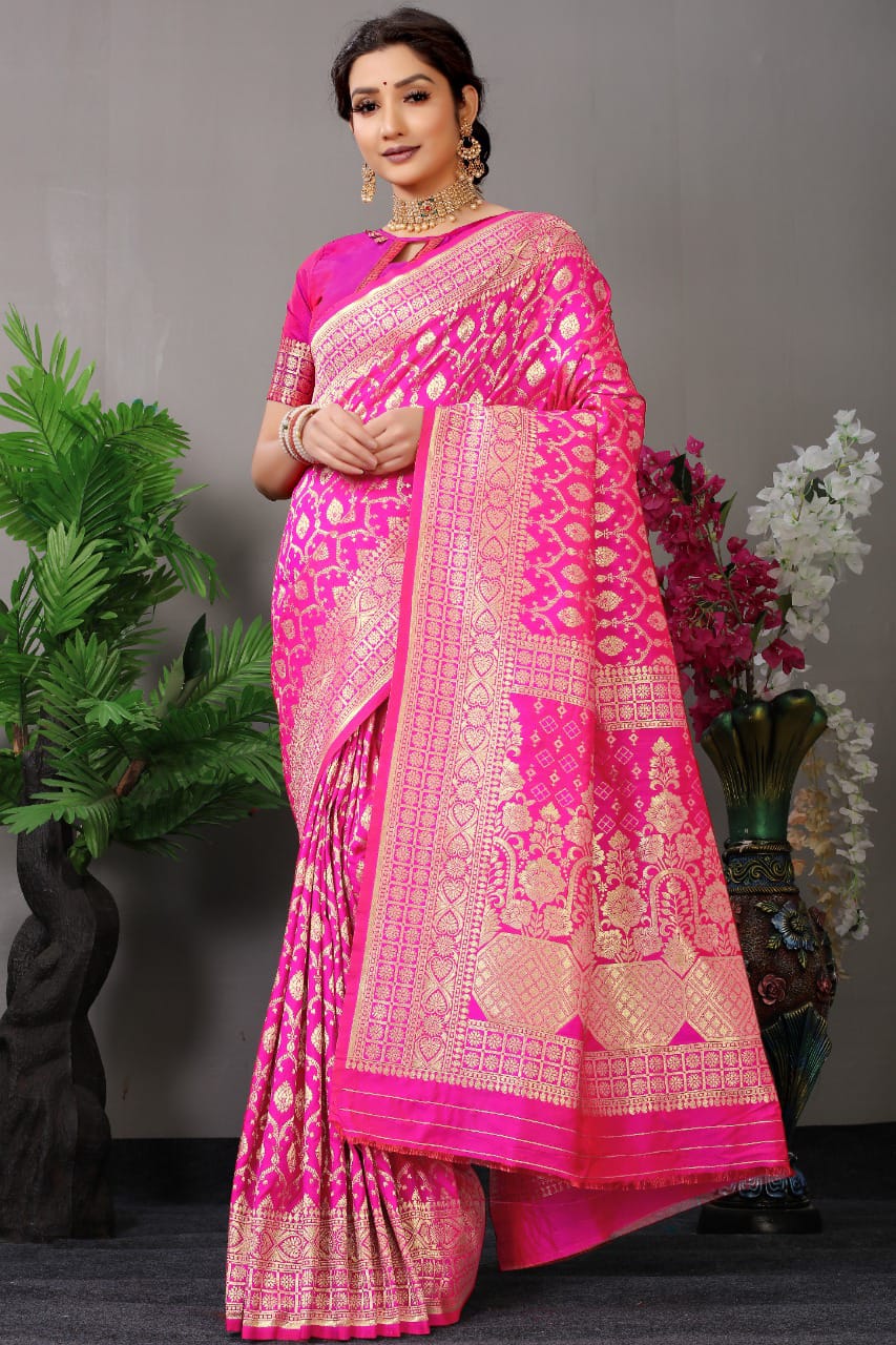 Pink Zari Banarasi Soft Silk Saree