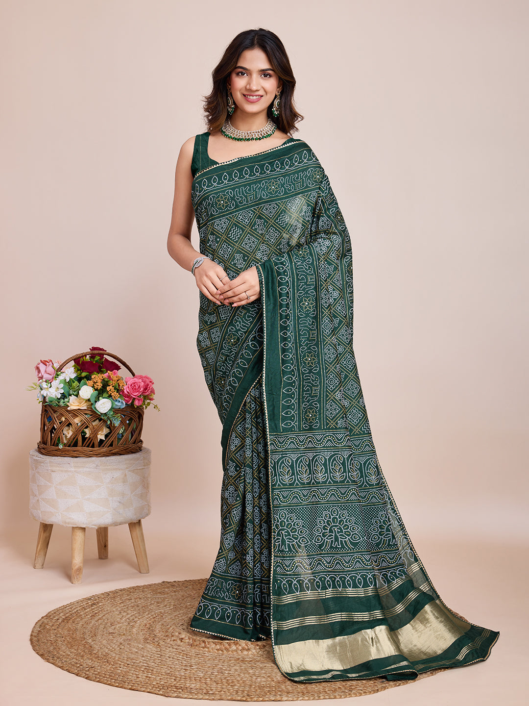 Bandhej Green Cotton Saree