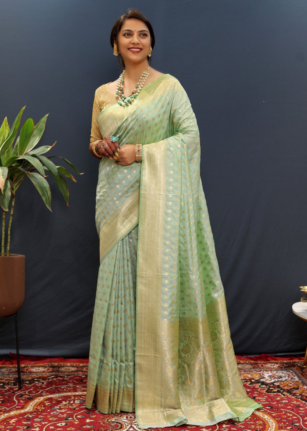 Pista Green Banarasi Soft Silk Saree