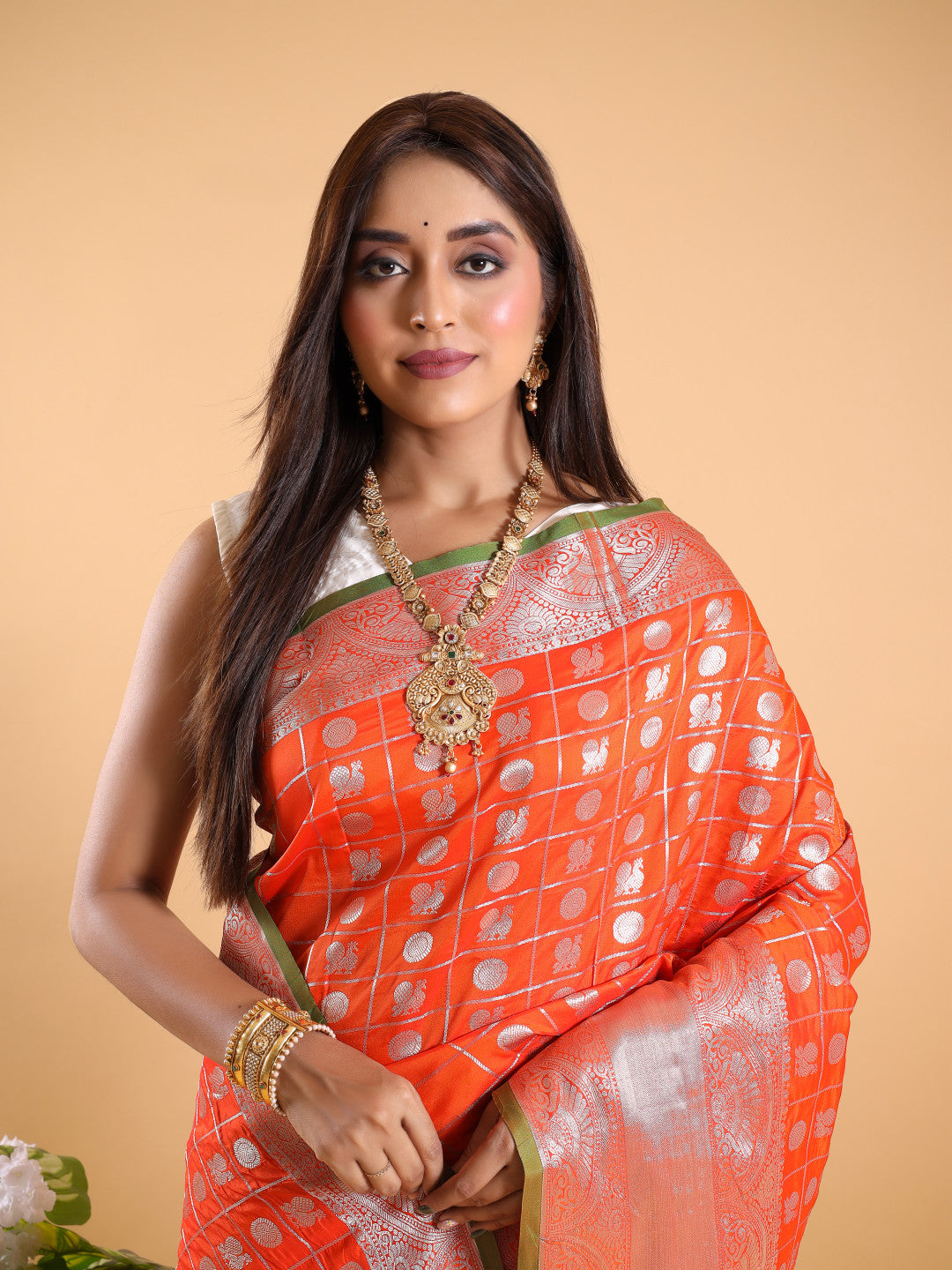 Orange Grey Silver Zari Banarasi Silk Saree