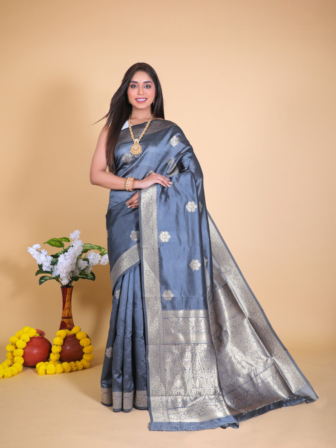 Indu Grey Banarasi Silk Saree