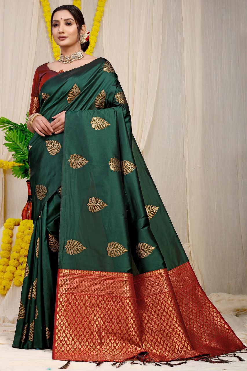 Dark Green Banarasi Silk Saree With Zari Work