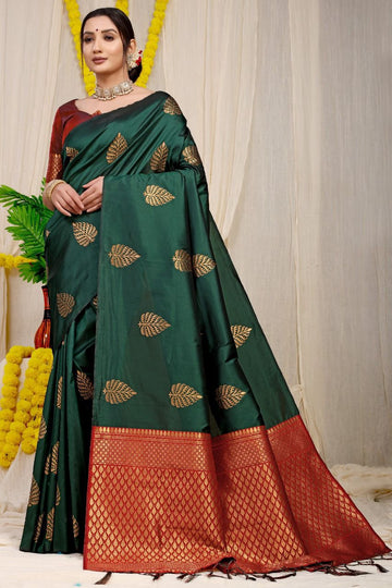 Dark Green Banarasi Silk Saree With Zari Work