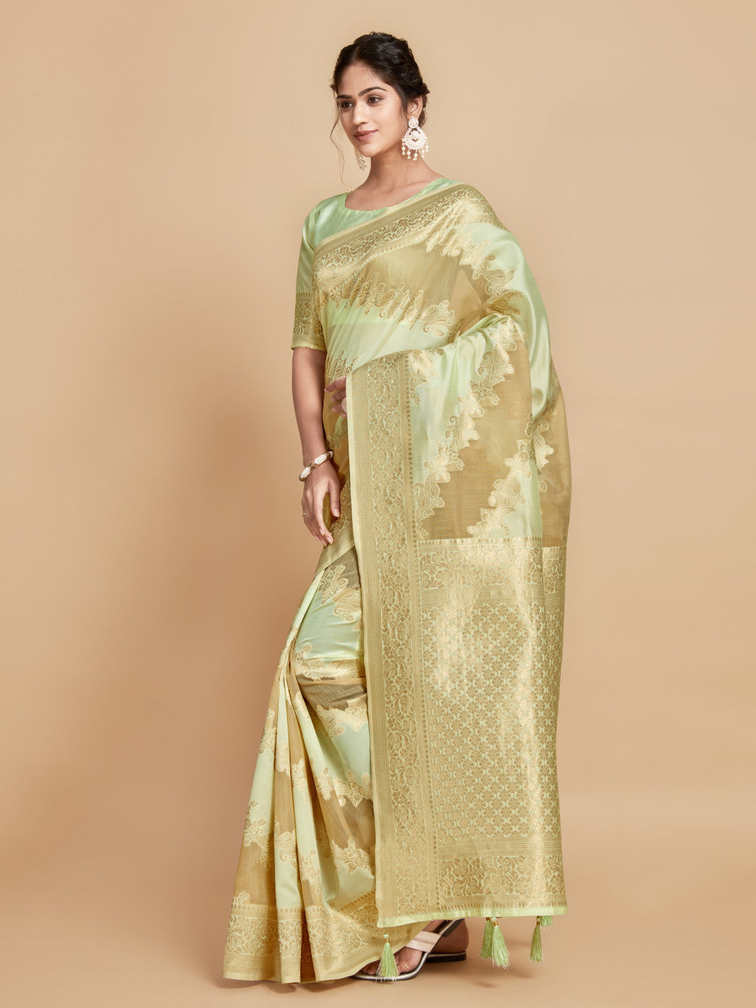 Pista Green Linen Silk Saree With Zari Work