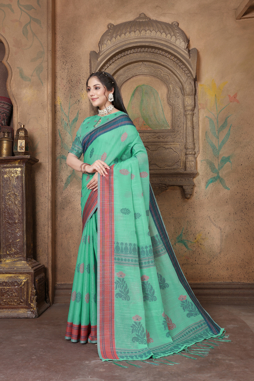 Sea Green Cotton Linen Saree