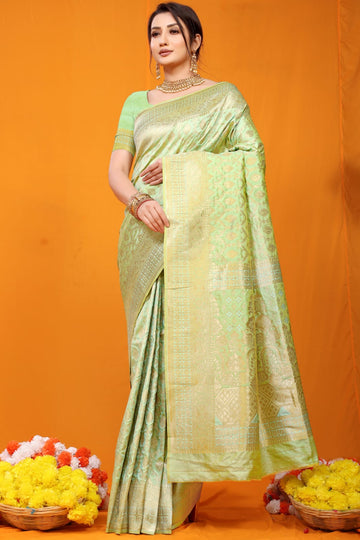 Pista Green Zari Banarasi Soft Silk Saree