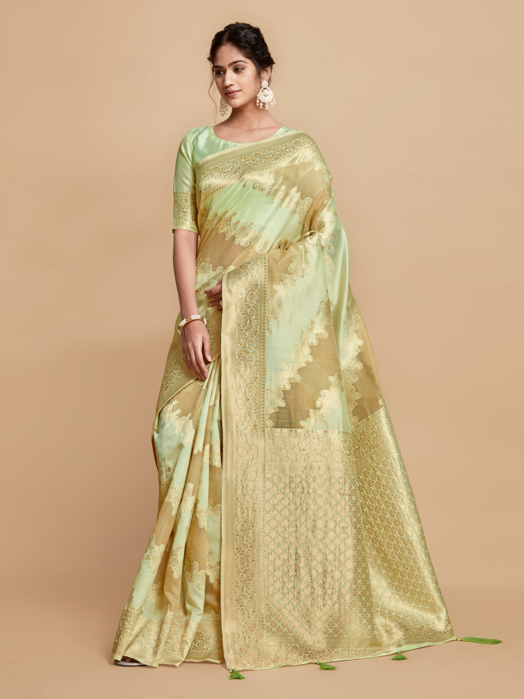 Pista Green Linen Silk Saree With Zari Work