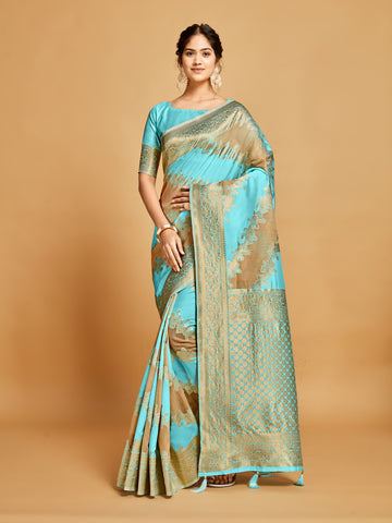 Sky Blue Linen Silk Saree With Zari Work