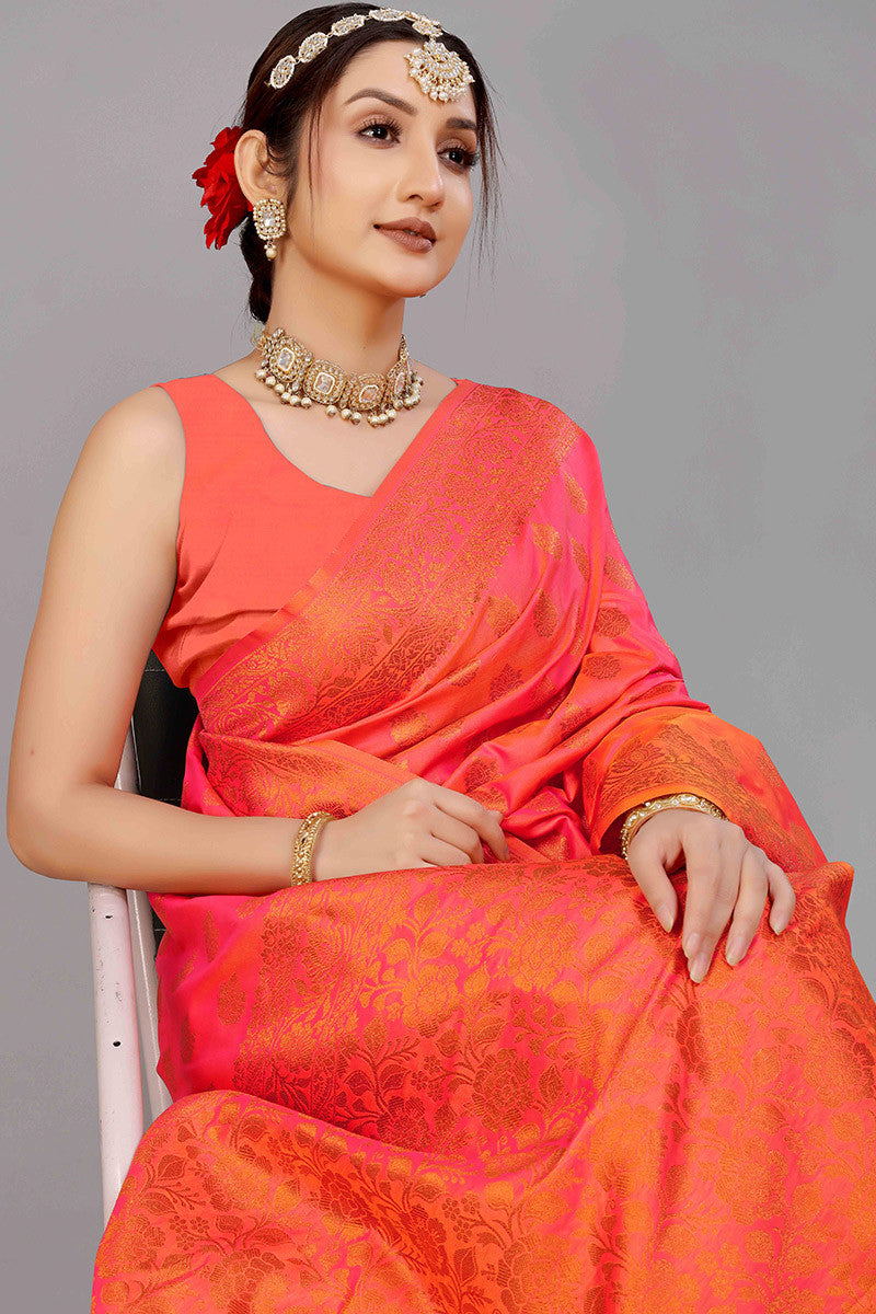 Orange Banarasi Silk Saree Zari Weaved