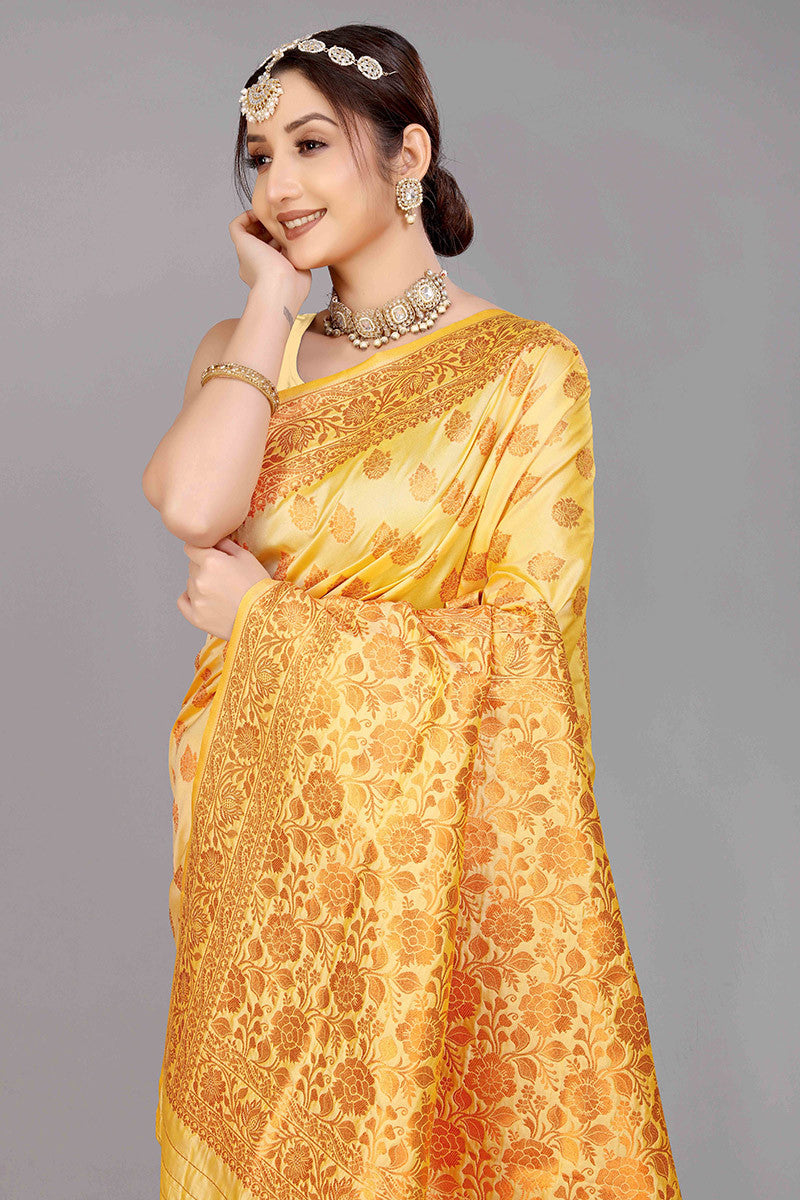 Light Yellow Banarasi Silk Saree