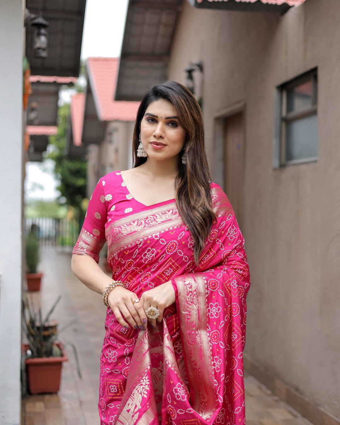 Hand Work Pink Bandhej Saree