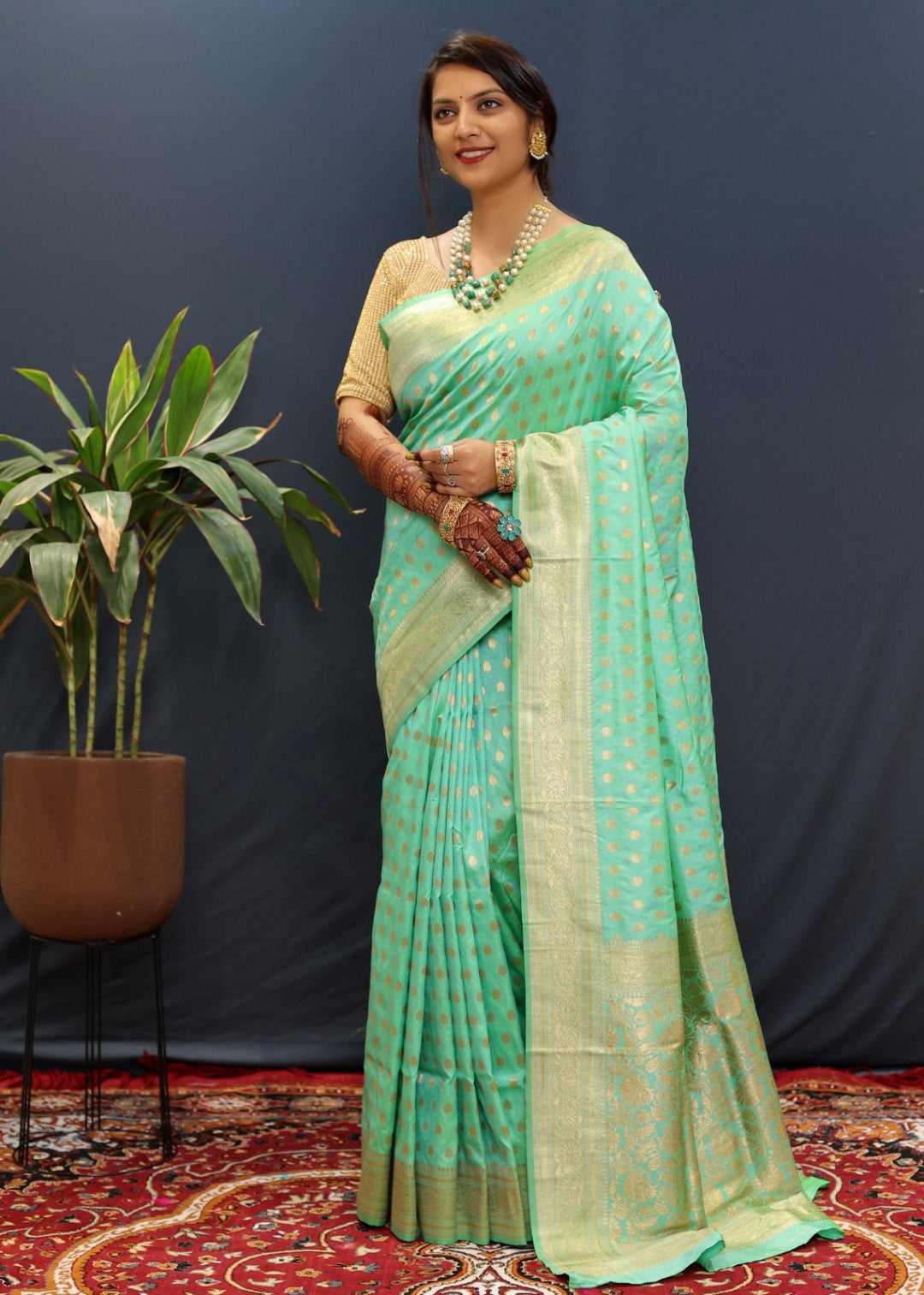 Sea Green Banarasi Soft Silk Saree