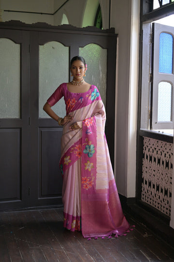 Pink Floral Silk Saree With Zari Weaving