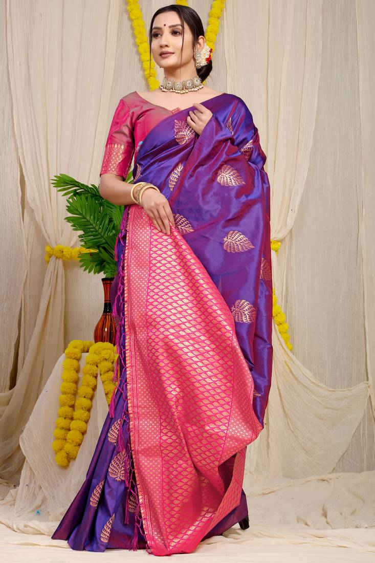 Violet Banarasi Silk Saree With Zari Work