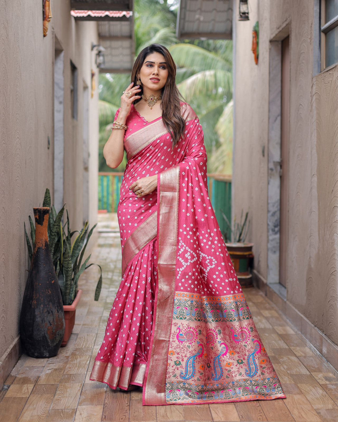 Pink Hand Bandhej Silk Saree With Zari Border